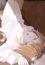 Rule 34 | 1girl, absurdres, animal ear fluff, animal ears, breasts, brown eyes, brown hair, cat ears, cat girl, cat tail, couch, highres, light brown hair, long sleeves, looking at viewer, lying, multicolored hair, naked shirt, no pants, on back, on couch, open mouth, original, partially unbuttoned, shadow, shirt, short hair, small breasts, suzukano pon, tail, two-tone hair, white shirt