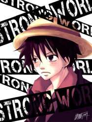 Rule 34 | 1boy, black hair, brown eyes, formal, hat, male focus, monkey d. luffy, necktie, one piece, one piece: strong world, red shirt, scar, shirt, solo, straw hat, text focus