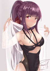 Rule 34 | 1girl, 2017, argyle, argyle clothes, argyle cutout, armpits, bad id, bad pixiv id, bare shoulders, black bow, black leotard, black neckwear, black one-piece swimsuit, blunt bangs, blush, bow, braid, breasts, choker, cleavage, closed mouth, clothing cutout, collarbone, covered navel, dated, embarrassed, french braid, frown, girls&#039; frontline, gradient background, grey background, hair ornament, hair ribbon, half updo, halterneck, hands up, holding, holding clothes, holding shirt, leotard, long hair, long sleeves, looking at viewer, medium breasts, nose blush, official alternate costume, one-piece swimsuit, open clothes, open shirt, ponytail, purple eyes, purple hair, red eyes, red ribbon, ribbon, see-through, shirt, sidelocks, signature, simple background, solo, standing, swimsuit, swimsuit under clothes, tsundere, twitter username, unel1211, upper body, v-shaped eyebrows, very long hair, wa2000 (girls&#039; frontline), wa2000 (op. manta ray) (girls&#039; frontline), white shirt