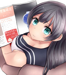Rule 34 | 10s, 1girl, agano (kancolle), armchair, bare shoulders, black hair, blue eyes, blush, book, breasts, chair, cleavage, closed mouth, collarbone, eyelashes, from behind, highres, kantai collection, large breasts, long hair, looking at viewer, looking up, magazine (object), neit ni sei, open book, sailor collar, shirt, sitting, sleeveless, sleeveless shirt, solo, sweatdrop, text focus, translation request, upper body, white shirt
