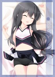 Rule 34 | 1girl, alternate costume, artist name, black hair, black shorts, black skirt, character name, cheerleader, closed eyes, clothes lift, commentary request, cowboy shot, facing viewer, flat chest, hatsushimo (kancolle), highres, inaba shiki, kantai collection, long hair, low-tied long hair, lying, multicolored shirt, open mouth, pleated skirt, shirt, shorts, shorts under skirt, skirt, skirt lift, sleeveless, sleeveless shirt, smile, solo