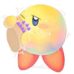 Rule 34 | 1boy, 1other, ^^^, alternate skin color, artist name, blue eyes, blush, blush stickers, censored, colored skin, copy ability, cum, deepthroat, disembodied penis, ejaculation, facial, fellatio, floating penis, heart, heart-shaped pupils, heart censor, jitome, kirby, kirby (series), multicolored skin, nintendo, one eye closed, oral, orgasm, penis, pervoborb, pointless censoring, simple background, solo focus, sweat, symbol-shaped pupils, testicles, trembling, white background