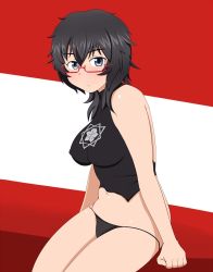 Rule 34 | 1girl, bare shoulders, black hair, black panties, blue eyes, blush, breasts, closed mouth, covered erect nipples, girls und panzer, glasses, large breasts, looking at viewer, navel, oryou (girls und panzer), panties, shiny skin, short hair, simple background, sitting, solo, tanaka rikimaru, three-toned background, underwear