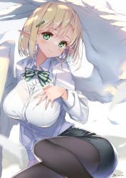 Rule 34 | 1girl, black skirt, blonde hair, blush, breasts, brown pantyhose, collared shirt, commentary request, dress shirt, green eyes, highres, hong (white spider), large breasts, long sleeves, looking at viewer, original, pantyhose, pencil skirt, pointy ears, shirt, short hair, skirt, smile, solo, white shirt, wings