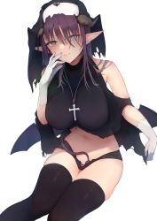 Rule 34 | 1girl, absurdres, aqua eyes, bare shoulders, black headwear, black panties, black thighhighs, bright pupils, cross, cross necklace, demon girl, demon horns, demon tail, demon wings, glint, gloves, grain, hair between eyes, highres, horns, jewelry, lingerie, long hair, looking at viewer, low wings, mole, mole on thigh, navel, necklace, nun, original, panties, parted lips, pointy ears, purple hair, see-through, simple background, smile, solo, tail, thighhighs, torn, torn clothes, torn gloves, transparent background, turtleneck, underwear, white background, white gloves, white pupils, wings
