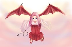 Rule 34 | bat wings, blue eyes, japanese clothes, long hair, miko, pink hair, sandals, sukumo (kemutai), tail, wings