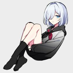 Rule 34 | 1girl, alternate hairstyle, black neckerchief, black socks, blue eyes, bob cut, crossed legs, floating, gradient clothes, gradient hoodie, grey hoodie, hair ornament, hood, hood down, hoodie, knees up, long sleeves, looking at viewer, neckerchief, parted lips, project sekai, red neckerchief, simple background, socks, solo, two-tone neckerchief, waka (wk4444), white background, white hair, yoisaki kanade