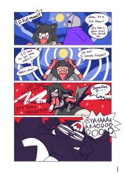 Rule 34 | 1boy, 1girl, black dress, black hair, breast expansion, breasts, cloud, comic, day, dress, english text, gensin, helmet, huge breasts, moon, night, sharp teeth, sky, teeth, thick thighs, thighs, torn clothes, werewolf, wide hips