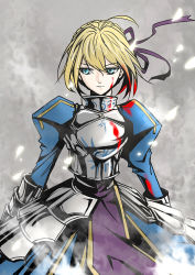 Rule 34 | 1girl, ahoge, armor, armored dress, artoria pendragon (fate), blonde hair, blood, blood on face, braid, east lan, fate/stay night, fate (series), french braid, green eyes, juliet sleeves, long sleeves, puffy sleeves, saber (fate), solo