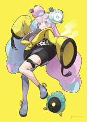 Rule 34 | 1girl, bellibolt, bike shorts, blush, boots, character hair ornament, commentary request, creatures (company), game freak, grey footwear, grey shirt, grin, hair ornament, highres, iono (pokemon), itou kazuki, jacket, long hair, multicolored hair, nintendo, pokemon, pokemon (creature), pokemon sv, sharp teeth, shirt, single leg pantyhose, sleeves past fingers, sleeves past wrists, smile, star (symbol), teeth, thigh strap, twintails, two-tone hair, yellow background, yellow jacket