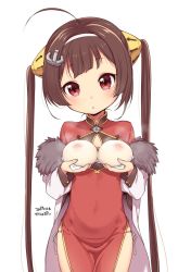 Rule 34 | 1girl, :o, ahoge, anchor hair ornament, azur lane, baozi, blunt bangs, blush, breast padding, brown hair, china dress, chinese clothes, dated, dress, food, fur-trimmed jacket, fur trim, hair ornament, hairband, hairpods, head tilt, holding, holding food, jacket, kanya pyi, long hair, long sleeves, looking at viewer, off shoulder, panties, pantylines, parted lips, pelvic curtain, ping hai (azur lane), red dress, red eyes, side-tie panties, simple background, solo, translated, twintails, underwear, very long hair, white background, white hairband, white jacket, white panties