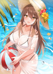 Rule 34 | 1girl, :d, ball, beach, beachball, bikini, blush, breasts, brown hair, cleavage, collarbone, flower, from above, hair between eyes, hat, hat flower, highleg, highleg bikini, highres, holding, holding ball, holding beachball, kinona, large breasts, long hair, looking at viewer, navel, ocean, open mouth, orange flower, original, palm leaf, red flower, sarong, see-through, smile, solo, straw hat, swimsuit, white bikini