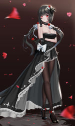 Rule 34 | 1girl, absurdres, adapted costume, alternate costume, alternate eye color, alternate hair color, azur lane, bare shoulders, black dress, black footwear, black hair, black pantyhose, blunt bangs, blurry, blurry foreground, blush, bow, breasts, choker, cleavage, commentary request, crossed legs, dress, dress bow, elbow gloves, flower, full body, gloves, hair ornament, hair ribbon, hand on own face, head tilt, high heels, highres, holding, holding flower, illustrious (azur lane), large breasts, lazy guang guang, long hair, looking at viewer, low twintails, mole, mole under eye, pantyhose, parted lips, petals, petals on liquid, red eyes, red flower, red rose, ribbon, ripples, rose, smile, strapless, strapless dress, twintails, watson cross