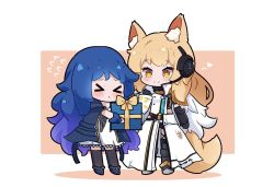 Rule 34 | &gt; &lt;, alya (panalee), animal ears, arknights, armor, belt, black legwear, blonde hair, blue hair, blue ribbon, blush, box, cape, chibi, commission, dress, flying sweatdrops, gift, gift box, gloves, headset, heart, horse ears, horse tail, implied extra ears, kurotofu, multicolored hair, nearl (arknights), nearl the radiant knight (arknights), pauldrons, purple hair, ribbon, second-party source, shoulder armor, smile, tail, thighhighs, white dress, yellow eyes, yellow ribbon