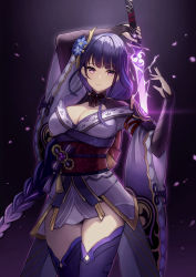 Rule 34 | 1girl, braid, breasts, bridal gauntlets, cherry blossoms, cleavage, commentary request, cowboy shot, electricity, flower, genshin impact, highres, holding, holding sword, holding weapon, japanese clothes, jori, kimono, light frown, long hair, looking at viewer, medium breasts, mitsudomoe (shape), mixed-language commentary, mole, mole under eye, nail polish, obi, obiage, obijime, petals, purple background, purple eyes, purple flower, purple hair, purple kimono, purple nails, purple thighhighs, raiden shogun, sash, short kimono, single braid, solo, sword, tassel, thighhighs, tomoe (symbol), very long hair, weapon, wide sleeves