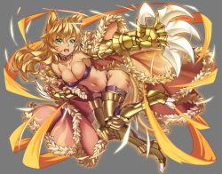 Rule 34 | 1girl, animal ears, armor, ass, bad id, bad pixiv id, blonde hair, breasts, cape, cleavage, clenched hand, dark-skinned female, dark skin, earrings, full body, gauntlets, greaves, green eyes, jewelry, long hair, medium breasts, midriff, navel, open mouth, shirokuma a, solo, tail, teeth, thighhighs