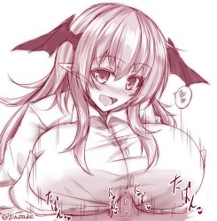 Rule 34 | 1girl, :d, blush, breast hold, breast lift, breasts, clothed female nude male, demon girl, demon wings, ginzake (mizuumi), head wings, heart, huge breasts, koakuma, lifting own clothes, long hair, long sleeves, looking at viewer, monochrome, motion lines, nose blush, nude, open mouth, paizuri, paizuri under clothes, penis, pointy ears, shirt, sidelocks, smile, solo focus, spoken heart, touhou, twitter username, upper body, white shirt, wings