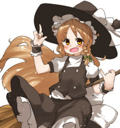 Rule 34 | 1girl, amonitto, blonde hair, bow, braid, broom, fang, hat, hat bow, kirisame marisa, long hair, looking at viewer, open mouth, puffy short sleeves, puffy sleeves, shirt, short sleeves, simple background, single braid, skirt, skirt set, smile, solo, touhou, very long hair, vest, white background, wind, wind lift, witch hat, wrist cuffs, yellow eyes