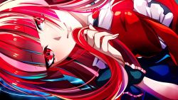 Rule 34 | 1girl, black bow, black dress, bow, dress, holding, holding own hair, hololive, hololive indonesia, itsuki keiichi, kureiji ollie, looking at viewer, olivia (kureiji ollie), red bow, red eyes, red hair, sideways, smile, solo, upper body, virtual youtuber, wrist bow