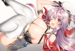 Rule 34 | 1girl, ;d, antenna hair, arm up, azur lane, blush, breasts, capelet, cleavage, commentary request, detached collar, dress, gradient background, grenville (azur lane), grey background, hair between eyes, highres, large breasts, leg up, long hair, looking at viewer, nekoshoko, one eye closed, open mouth, red capelet, red eyes, silver hair, smile, solo, thighhighs, white background, white thighhighs