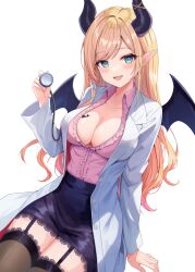 Rule 34 | 1girl, :d, adju ster, arm support, black horns, black thighhighs, black wings, blonde hair, blue eyes, blue skirt, blush, breast tattoo, breasts, center frills, cleavage, coat, collared shirt, commentary, demon girl, demon horns, demon wings, frills, garter straps, hand up, highres, holding, holding stethoscope, hololive, horns, lab coat, large breasts, long hair, looking at viewer, open clothes, open coat, open mouth, pink shirt, pointy ears, shirt, shirt tucked in, simple background, sitting, skirt, smile, solo, stethoscope, swept bangs, tattoo, thighhighs, virtual youtuber, white background, winged heart, wings, yuzuki choco, yuzuki choco (1st costume)