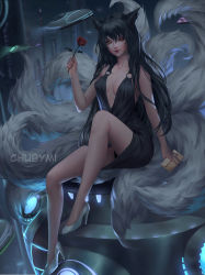 Rule 34 | 1girl, ahri (league of legends), alternate costume, animal ears, artist name, bare arms, bare shoulders, black hair, black panties, blurry, blurry background, blush, breasts, brown eyes, building, chuby mi, collarbone, dress, evening gown, facial mark, flower, fox ears, fox tail, glowing, high heels, highres, holding, holding flower, holding letter, knee up, league of legends, letter, lips, long hair, looking at viewer, medium breasts, multiple tails, night, night sky, o-ring, panties, pantyshot, red flower, red rose, rose, short dress, sitting, sky, sleeveless, sleeveless dress, smile, solo, tail, underwear, upskirt, very long hair, whisker markings