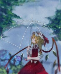 Rule 34 | 1girl, alternate neckwear, blonde hair, blouse, blue flower, blurry, blurry background, bow, closed mouth, collared shirt, commentary, crystal, expressionless, flandre scarlet, flower, hair between eyes, hair ribbon, hat, hat bow, highres, holding, holding umbrella, ikurauni, looking up, medium hair, mob cap, nail polish, necktie, one side up, outdoors, overcast, pointy ears, profile, puffy short sleeves, puffy sleeves, rain, red bow, red eyes, red nails, red necktie, red ribbon, red skirt, red vest, ribbon, shirt, short sleeves, skirt, sky, solo, touhou, transparent, transparent umbrella, umbrella, vest, white hat, white shirt, wings