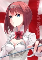 Rule 34 | 10s, 1girl, ark royal (kancolle), arrow (projectile), blue eyes, blurry, bob cut, breasts, character name, depth of field, english flag, fingerless gloves, gloves, hairband, highres, kantai collection, long sleeves, looking at viewer, md5 mismatch, nuka (nvkka), red hair, red ribbon, resolution mismatch, ribbon, short hair, small breasts, solo, source smaller, tiara, upper body