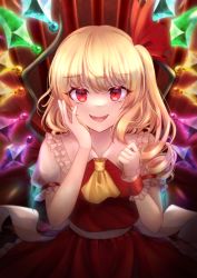 Rule 34 | 1girl, absurdres, arms up, bow, breasts, collared shirt, commentary request, crystal, dot nose, fangs, flandre scarlet, frilled shirt collar, frilled skirt, frills, hand on own face, unworn headwear, highres, looking at viewer, open mouth, puffy short sleeves, puffy sleeves, red curtains, red eyes, red ribbon, red skirt, red vest, ribbon, rina sukareltuto, shirt, short sleeves, side ponytail, skirt, slit pupils, small breasts, smile, solo, standing, touhou, vest, wing collar, wings, wrist cuffs, yellow neckwear, yellow ribbon
