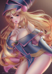 1girl, 2020, absurdres, blonde hair, blush, breasts, cleavage, commentary, dark magician girl, english commentary, eyelashes, heart, highres, large breasts, long hair, purple eyes, signature, solo, sophia vera lu, sparkle, yu-gi-oh!, yu-gi-oh! duel monsters