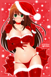 Rule 34 | 1girl, :3, blush, breasts, brown hair, bustier, cameltoe, character request, christmas, cleavage, elbow gloves, gloves, green eyes, hat, hida mari, huge breasts, lace, lace-trimmed legwear, lace trim, lingerie, long hair, midriff, panties, red gloves, ribbon, santa costume, santa hat, solo, thighhighs, underwear