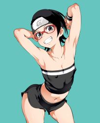 Rule 34 | 1girl, alternate costume, aqua background, armpits, arms up, bandeau, bare arms, bare hips, bare shoulders, belly, black bandeau, black eyes, black hair, black shorts, boruto: naruto next generations, breasts, cleavage, collar, collarbone, colored skin, covered erect nipples, dolphin shorts, eyebrows, eyelashes, female focus, flat chest, forehead protector, funnyari, glasses, grin, happy, headband, legs, looking at viewer, midriff, naruto (series), navel, neck, no pants, nose, petite, red-framed eyewear, shaved body, short hair, short shorts, shorts, simple background, small breasts, smile, solo, standing, strapless, striped, striped bandeau, teeth, thighs, tube top, uchiha sarada, white bandeau, wristband