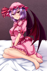 Rule 34 | 1girl, aged up, ascot, bad id, bad pixiv id, barefoot, bat wings, between breasts, breasts, brooch, fangs, fangs out, grey background, hands on lap, hat, hat ribbon, head tilt, highres, jewelry, looking at viewer, medium breasts, mob cap, nail polish, on bed, pointy ears, puffy short sleeves, puffy sleeves, purple hair, red eyes, remilia scarlet, ribbon, sash, short hair, short sleeves, sitting, skirt, skirt set, smile, solo, toenail polish, toenails, touhou, wings, yokozuwari, zellam