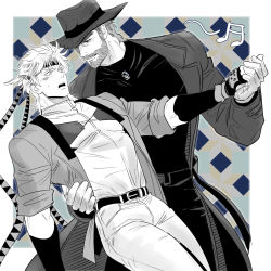 Rule 34 | 2boys, acea n, age difference, beard, blush, caesar anthonio zeppeli, collared shirt, dancing, elbow gloves, facial hair, facial tattoo, gloves, hat, headband, highres, holding hands, hug, jacket, jewelry, jojo no kimyou na bouken, joseph joestar, joseph joestar (old), leather, leather belt, looking at viewer, male focus, manly, mature male, multiple boys, muscular, muscular male, music, old, old man, open clothes, open jacket, open mouth, pants, shirt, singing, smile, spiked hair, sweat, sweatdrop, tattoo, teeth, tight clothes