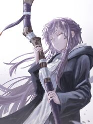 Rule 34 | 1girl, absurdres, black robe, breasts, closed eyes, closed mouth, dress, fern (sousou no frieren), highres, holding, holding staff, hood, large breasts, long hair, long sleeves, mage staff, purple hair, robe, shitodo mi, simple background, solo, sousou no frieren, staff, upper body, white background, white dress