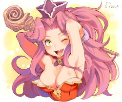 Rule 34 | 1girl, angela (seiken densetsu 3), armpits, artist name, blush, breasts, cleavage, green eyes, highres, large breasts, long hair, looking at viewer, messy hair, one eye closed, open mouth, parted bangs, seiken densetsu, seiken densetsu 3, sho.t, smile, solo, teeth, upper body, upper teeth only, very long hair