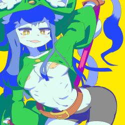 Rule 34 | 1girl, anboina, belt, blue hair, borrowed character, breasts, cat, female focus, furry, furry female, hat, long hair, no bra, open mouth, simple background, solo, the amboina, witch hat, yellow background, yellow eyes
