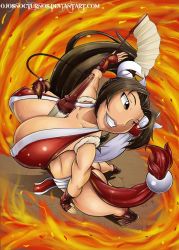 Rule 34 | 1girl, armpits, between breasts, breasts, brown eyes, brown hair, bursting breasts, clenched teeth, collarbone, covered erect nipples, fatal fury, feet, fire, gloves, hair bun, hair ornament, hand fan, highres, hip focus, huge breasts, japanese clothes, kneepits, large breasts, legs, lips, long hair, motion lines, nipples, ojosnocturnos, panties, ponytail, pussy, revealing clothes, shiranui mai, single hair bun, smile, snk, solo, teeth, the king of fighters, thighs, thong, toes, underwear, white panties