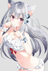 Rule 34 | 1girl, animal ears, bare arms, bare shoulders, bikini, breasts, cat day, cat ears, cat girl, cat tail, cleavage, closed mouth, frilled bikini, frills, frown, grey background, grey hair, hair ornament, highres, large breasts, leaning forward, long hair, looking at viewer, mole, mole under eye, navel, original, paw pose, purple eyes, simple background, solo, stomach, strapless, strapless bikini, swimsuit, tail, tail raised, virtual youtuber, white bikini, wrist cuffs, yon (letter)