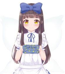 Rule 34 | 1girl, alternate costume, apron, blue bow, blunt bangs, blush, bow, brown hair, closed mouth, commentary request, enmaided, fairy wings, frills, gift, hair bow, hands up, holding, holding gift, long hair, looking at viewer, maid, p.w., puffy short sleeves, puffy sleeves, short sleeves, sidelocks, simple background, smile, solo, star (symbol), star print, star sapphire, straight-on, touhou, upper body, very long hair, white apron, white background, wings, yellow eyes