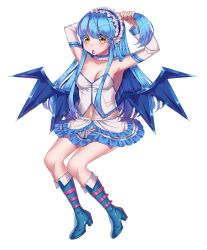 Rule 34 | 1girl, armpits, arms up, bad id, bad pixiv id, blue footwear, blue hair, blue wings, boots, breasts, choker, cleavage, dark jewel (gem oblivion), detached sleeves, elf, full body, headdress, highres, long hair, long sleeves, looking at viewer, medium breasts, mouth hold, navel, original, pointy ears, sidelocks, simple background, skirt, solo, tying hair, white background, wings, yellow eyes