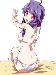 Rule 34 | 10s, 1girl, back, bikini, blush, breasts, from behind, kantai collection, long hair, looking at viewer, looking back, miuku (marine sapphire), open mouth, pink eyes, purple hair, sideboob, simple background, sitting, solo, swimsuit, taigei (kancolle)