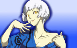 Rule 34 | 1girl, atlus, blue background, bob cut, breasts, cleavage, collarbone, elizabeth (persona), finger to mouth, gradient background, japanese clothes, kamui sathi, kimono, looking at viewer, off shoulder, parted lips, persona, persona 3, persona 4: the ultimate in mayonaka arena, ringed eyes, short hair, smile, solo, undressing, upper body, white hair, wide sleeves, yellow eyes