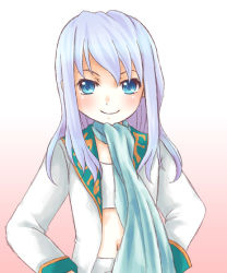Rule 34 | 00s, 1girl, androgynous, aqua scarf, blue eyes, blush, female focus, flat chest, jacket, long hair, looking at viewer, mashiro blan de windbloom, midriff, my-hime, navel, scarf, silver hair, smile, solo, standing, upper body