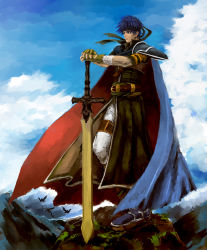 Rule 34 | 1boy, armor, armored boots, belt, blue hair, boots, cape, fire emblem, fire emblem: path of radiance, gloves, highres, holding, holding weapon, ike (fire emblem), jack (kairuhaido), male focus, nintendo, pants, solo, sword, weapon, white pants