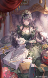 Rule 34 | 1girl, bare shoulders, black hair, box, breasts, cleavage, copyright name, criin (659503), doll, dress, green dress, grey eyes, head chain, holding, holding doll, indoors, jewelry, lilith (shining nikki), long hair, medium breasts, official art, puppet, puppet strings, shining nikki, sitting, solo, throne, tiara, white dress