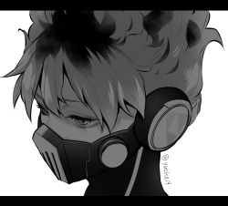 Rule 34 | 1boy, covered mouth, eyelashes, from above, from side, greyscale, headphones, letterboxed, looking away, male focus, mask, monochrome, ortho shroud, portrait, respirator, short hair, simple background, solo, spiked hair, twisted wonderland, twitter username, wavy hair, yucke19
