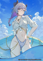 1girl ahoge atelier_(series) atelier_resleriana bikini blue_eyes blue_sky bracelet breasts broken_horn cloud commentary_request copyright_notice cowboy_shot cropped_shirt day demon_horns hair_between_eyes hand_on_own_hip highleg highleg_bikini horns jewelry long_hair looking_at_viewer multicolored_hair navel necklace ningen_mame ocean official_alternate_costume official_art outdoors purple_hair second-party_source see-through_clothes see-through_shirt shirt sky solo standing swimsuit tied_shirt two-tone_hair valeria_(atelier) valeria_(radiant_summer)_(atelier) wading water white_bikini white_shirt