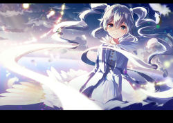Rule 34 | 1girl, aqua hair, cloud, coat, dress, hatsune miku, letterboxed, long hair, looking at viewer, sheep sleep, sky, solo, twintails, very long hair, vocaloid, wind, wings