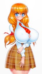 Rule 34 | 1girl, absurdres, akiranime, blue eyes, braid, breasts, cleavage, collared shirt, covered erect nipples, eyebrows, eyelashes, facing viewer, female focus, glasses, hair ornament, highres, huge breasts, long hair, looking at viewer, orange hair, original, rimless eyewear, shiny skin, shirt, simple background, skirt, twin braids, twintails, white background, white shirt